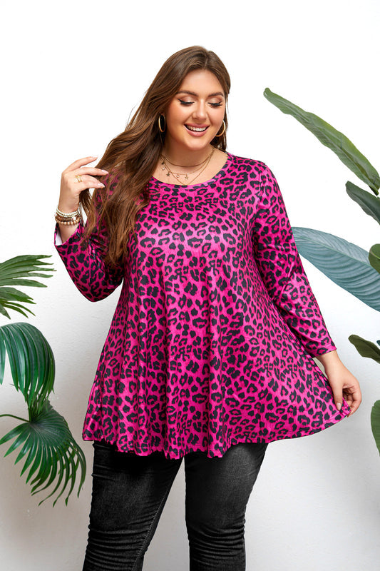 Women's Plus Size Hot Pink Leopard Print Tunic Top | 3/4 Sleeve Swing Blouse with Pockets, Flowy Fit, Wear with Leggings – S to 7XL A14