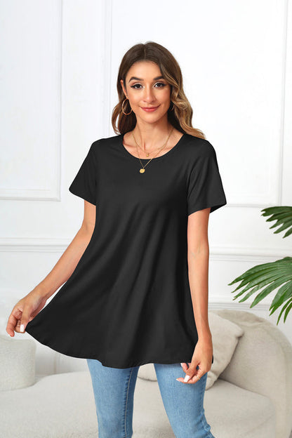 Black Short Sleeve Swing Tunic Top – Women's Plus Size Crew Neck Flowy Blouse to Wear with Leggings (S–7XL) B1
