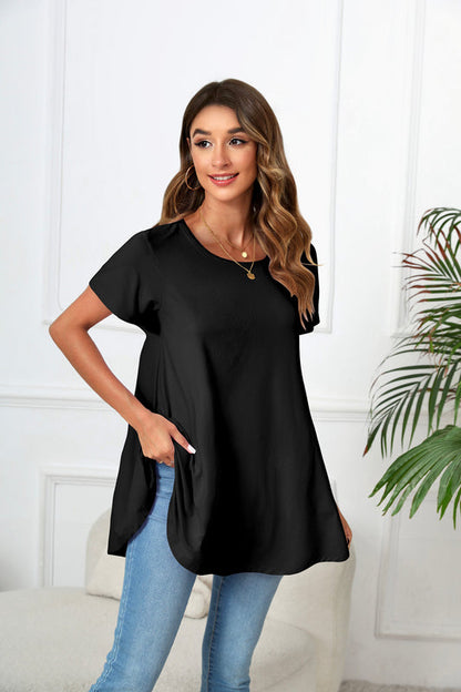 Black Short Sleeve Swing Tunic Top – Women's Plus Size Crew Neck Flowy Blouse to Wear with Leggings (S–7XL) B1