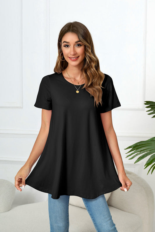 Black Short Sleeve Swing Tunic Top – Women's Plus Size Crew Neck Flowy Blouse to Wear with Leggings (S–7XL) B1