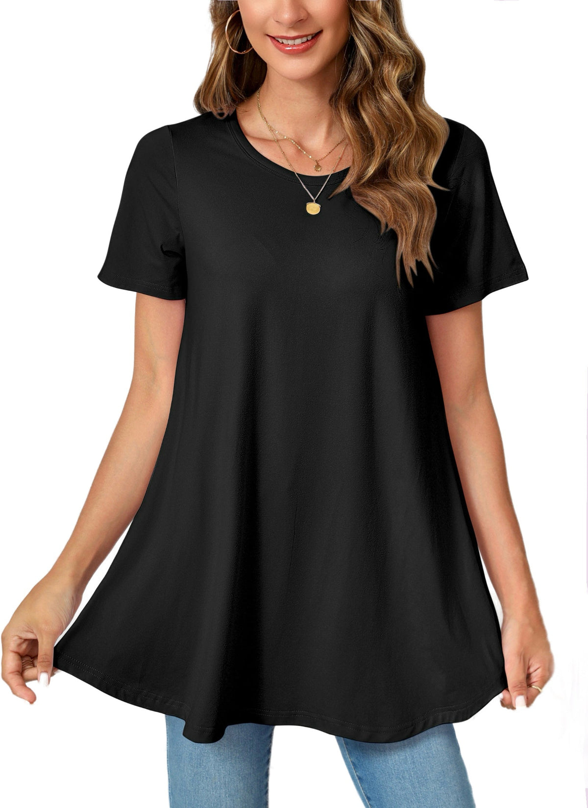 Black Short Sleeve Swing Tunic Top – Women's Plus Size Crew Neck Flowy Blouse to Wear with Leggings (S–7XL) B1
