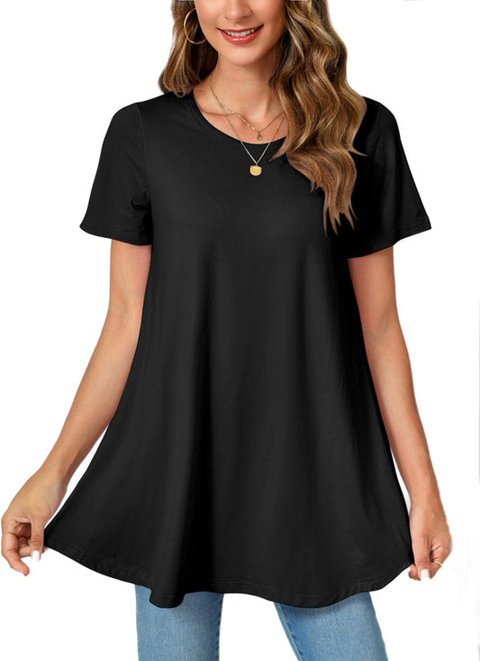 Black Short Sleeve Swing Tunic Top – Women's Plus Size Crew Neck Flowy Blouse to Wear with Leggings (S–7XL) B1