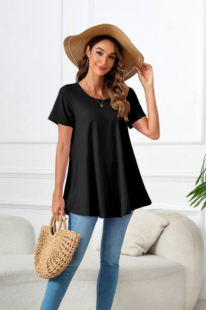 Black Short Sleeve Swing Tunic Top – Women's Plus Size Crew Neck Flowy Blouse to Wear with Leggings (S–7XL) B1