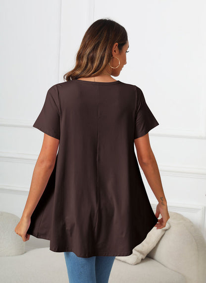 Dark Brown Short Sleeve Swing Tunic Top – Women's Plus Size Crew Neck Flowy Blouse to Wear with Leggings (S–7XL) b14