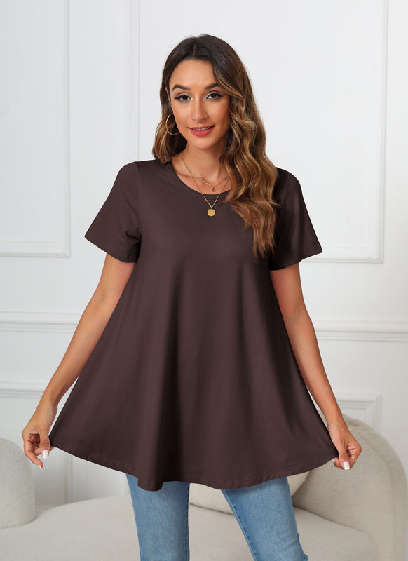 Dark Brown Short Sleeve Swing Tunic Top – Women's Plus Size Crew Neck Flowy Blouse to Wear with Leggings (S–7XL) b14