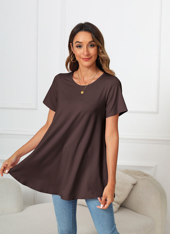 Dark Brown Short Sleeve Swing Tunic Top – Women's Plus Size Crew Neck Flowy Blouse to Wear with Leggings (S–7XL) b14