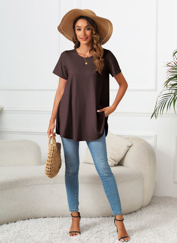 Dark Brown Short Sleeve Swing Tunic Top – Women's Plus Size Crew Neck Flowy Blouse to Wear with Leggings (S–7XL) b14