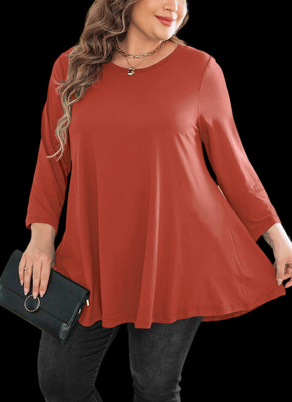 Women's Plus Size Tunic Top | 3/4 Sleeve Swing Blouse, Flowy Loose Fit, Wear with Leggings – Burnt Orange, L to 6XL A21 SATBO3