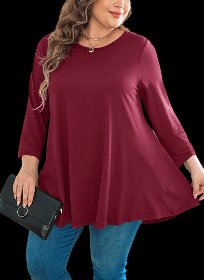 Women's Plus Size Burgundy Tunic Top | Long Sleeve Swing Blouse, Hi-Low Hem, Flowy Fit, Wear with Leggings – L to 6XL A18