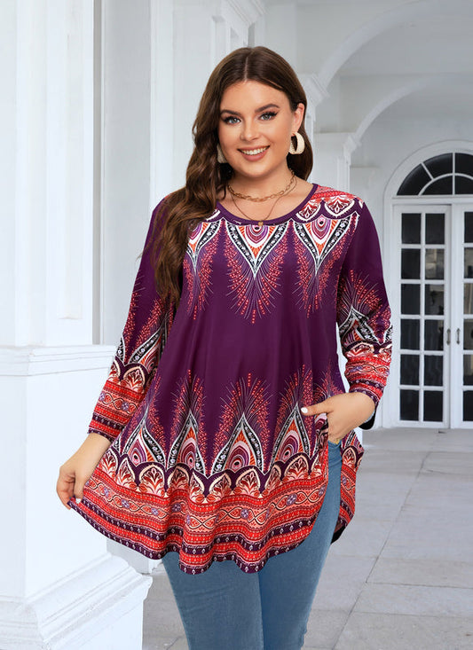 Women's Plus Size Orange & Purple Floral Tunic Top – 3/4 Sleeve Swing Flare Blouse d15