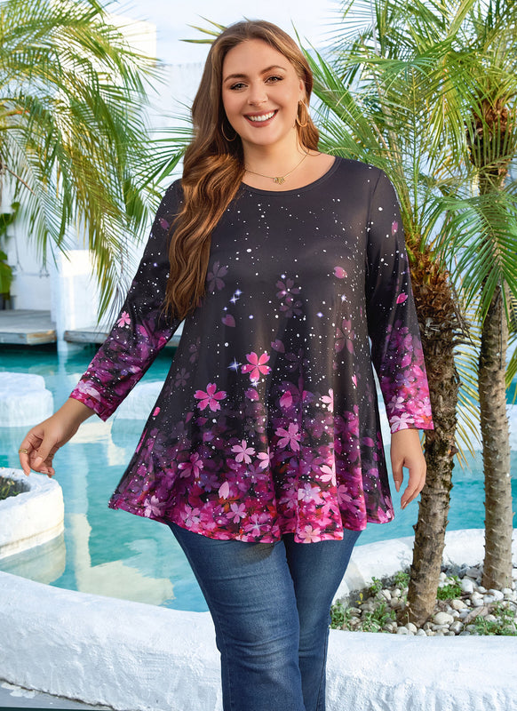 Women's Plus Size Pink Floral Tunic Top – 3/4 Sleeve Swing Flare Blouse d1
