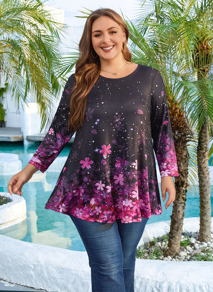 Women's Plus Size Pink Floral Tunic Top – 3/4 Sleeve Swing Flare Blouse d1