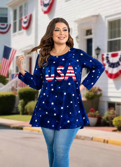 Women's Navy Blue & Red Plus Size Tunic Top – 3/4 Sleeve Swing Flowy Blouse A48
