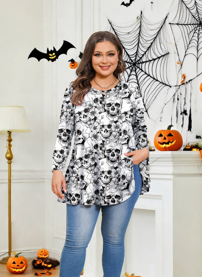 Halloween Skull Floral Print Tunic Top – Women's Plus Size Long Sleeve Swing Blouse (S–7XL) A43