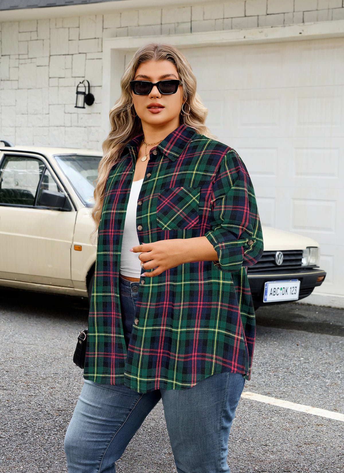 Plus Size Forest Green Plaid Button-Up Shirt F19