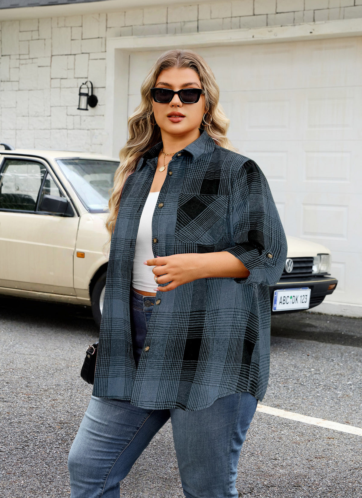 Plus Size Blue Gray Plaid Button-Up Shirt. F20