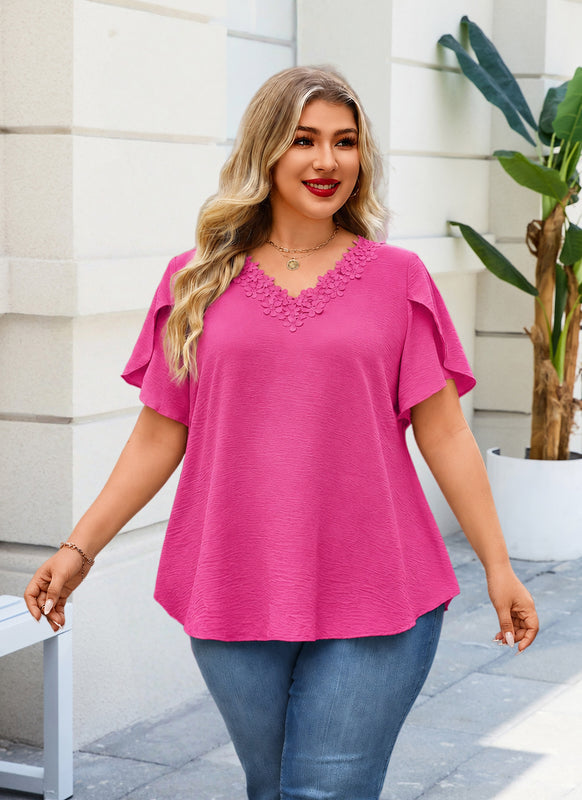 Women's Floral Trim V-Neck Tunic – Loose Fit Short Sleeve Blouse I7