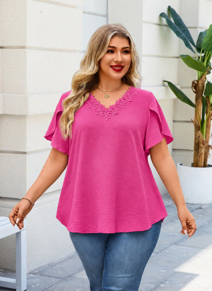 Women's Floral Trim V-Neck Tunic – Loose Fit Short Sleeve Blouse I7