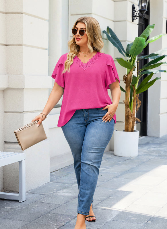 Women's Floral Trim V-Neck Tunic – Loose Fit Short Sleeve Blouse I7