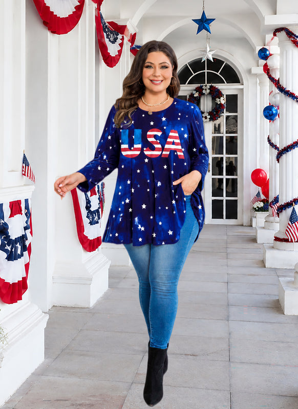 Women's Navy Blue & Red Plus Size Tunic Top – 3/4 Sleeve Swing Flowy Blouse A48