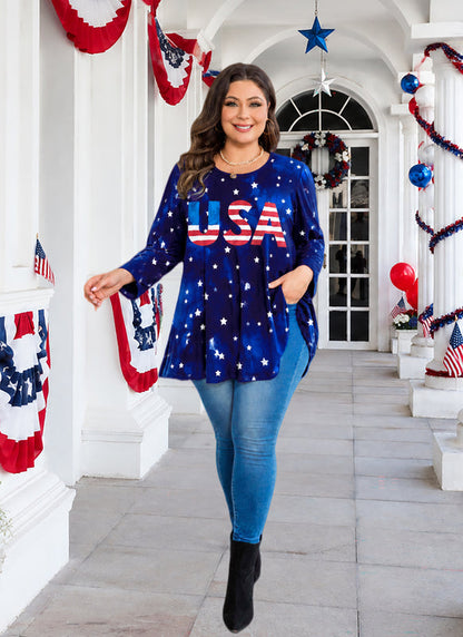 Women's Navy Blue & Red Plus Size Tunic Top – 3/4 Sleeve Swing Flowy Blouse A48