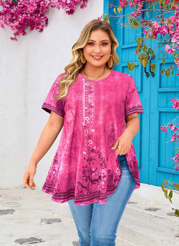 Women's Hot Pink Floral Swing Tunic Top – Short Sleeve, Plus Size e24