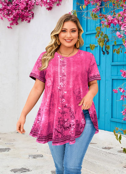 Women's Hot Pink Floral Swing Tunic Top – Short Sleeve, Plus Size e24