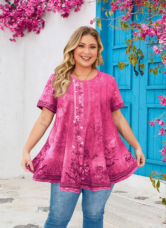 Women's Hot Pink Floral Swing Tunic Top – Short Sleeve, Plus Size e24