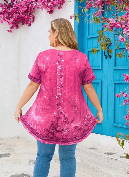 Women's Hot Pink Floral Swing Tunic Top – Short Sleeve, Plus Size e24