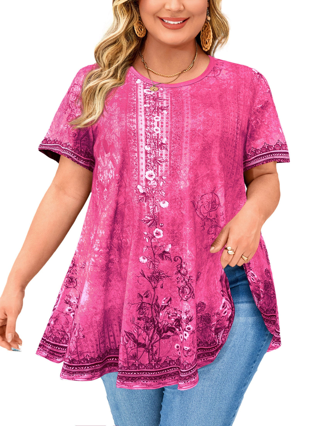Women's Hot Pink Floral Swing Tunic Top – Short Sleeve, Plus Size e24