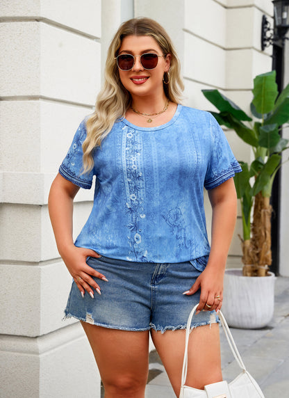 Plus Size Light Blue Floral Border Print Tunic Top