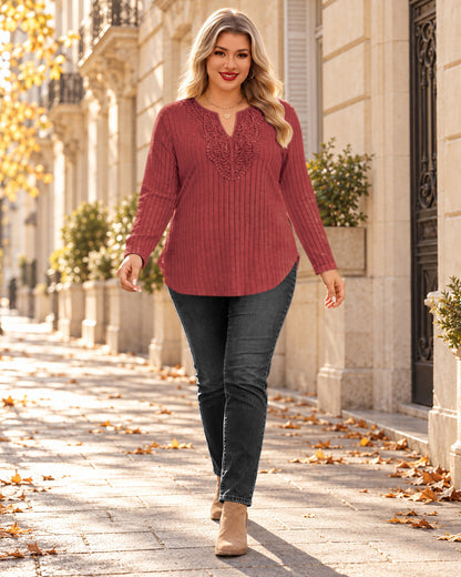 Plus Size Brick Red Lace-Trim Tunic Top Q4