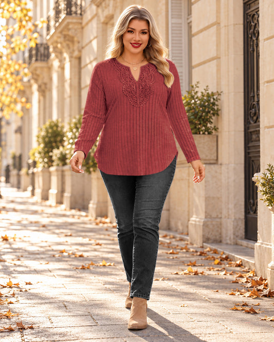 Plus Size Brick Red Lace-Trim Tunic Top Q4