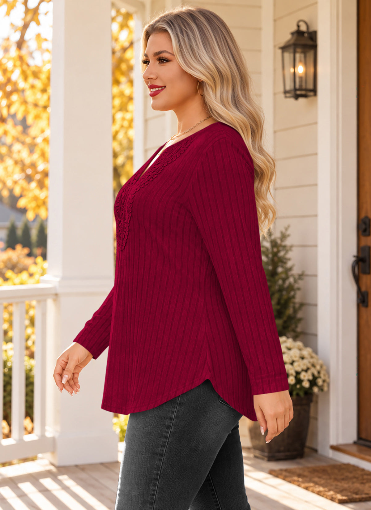 Plus Size Burgundy Lace-Trim Tunic Top Q2