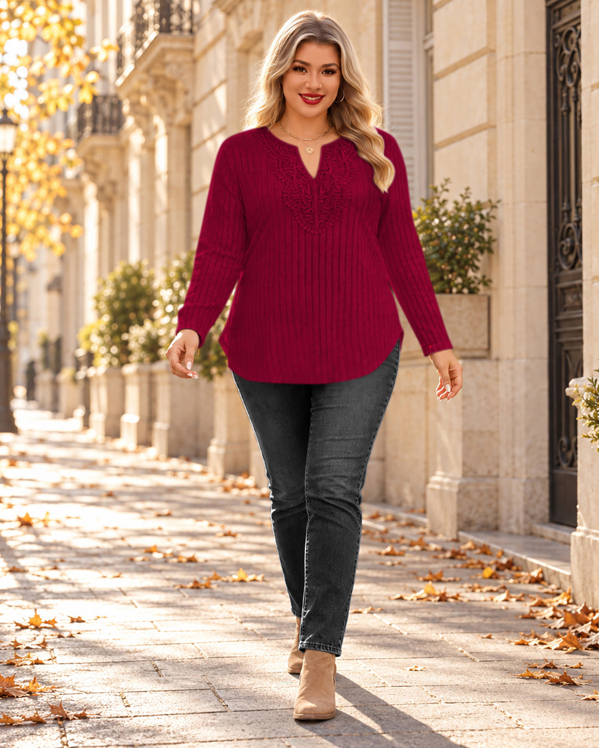 Plus Size Burgundy Lace-Trim Tunic Top Q2