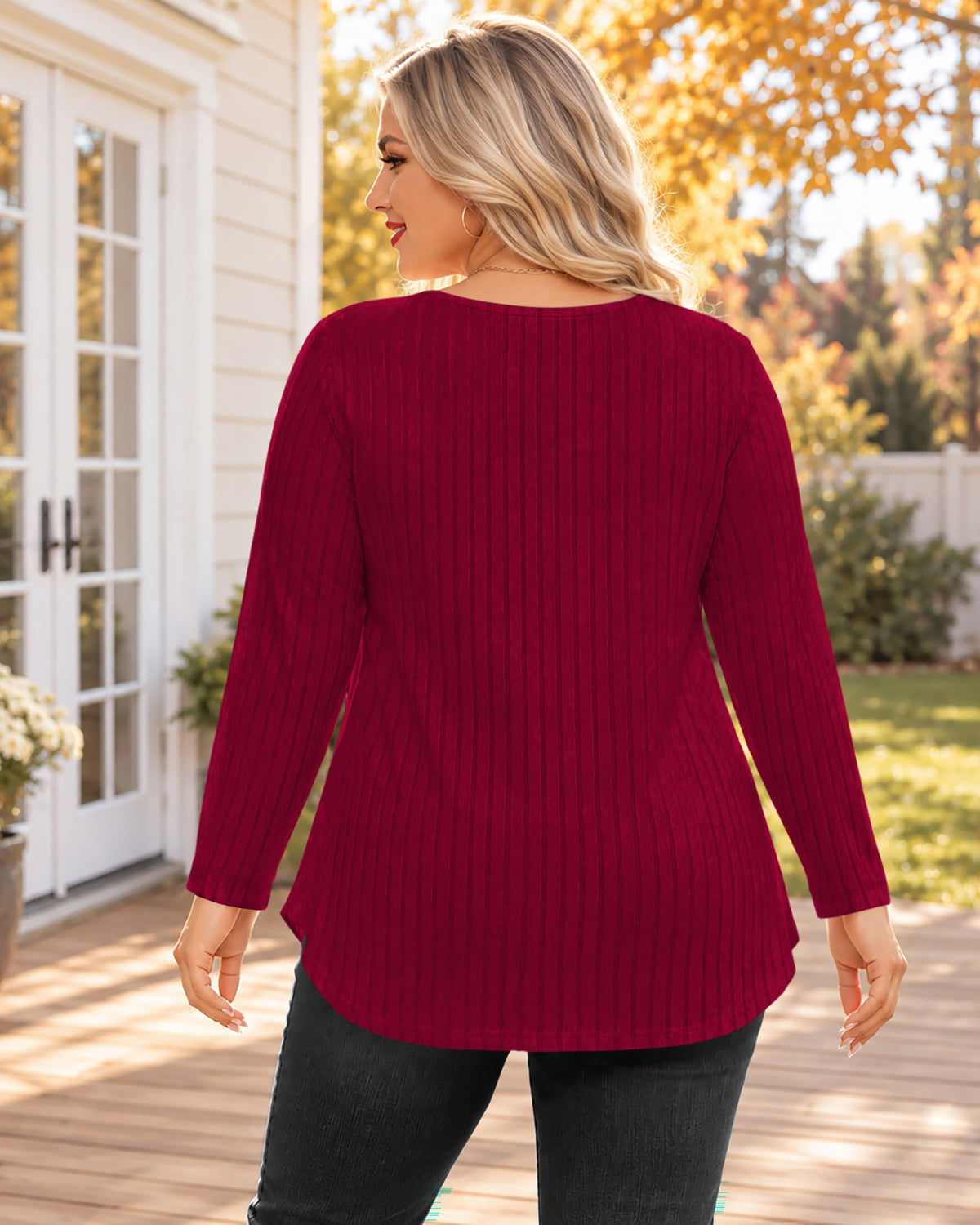 Plus Size Burgundy Lace-Trim Tunic Top Q2