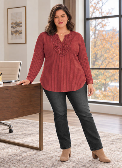 Plus Size Brick Red Lace-Trim Tunic Top Q4