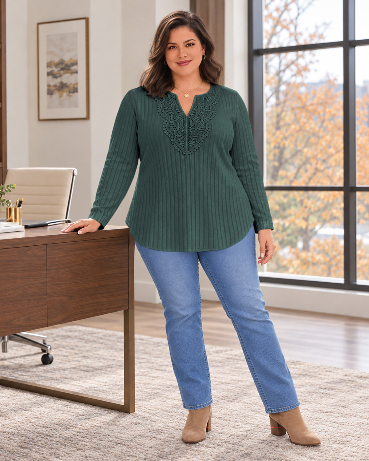 Plus Size Dark Teal Lace-Trim Tunic Top Q3