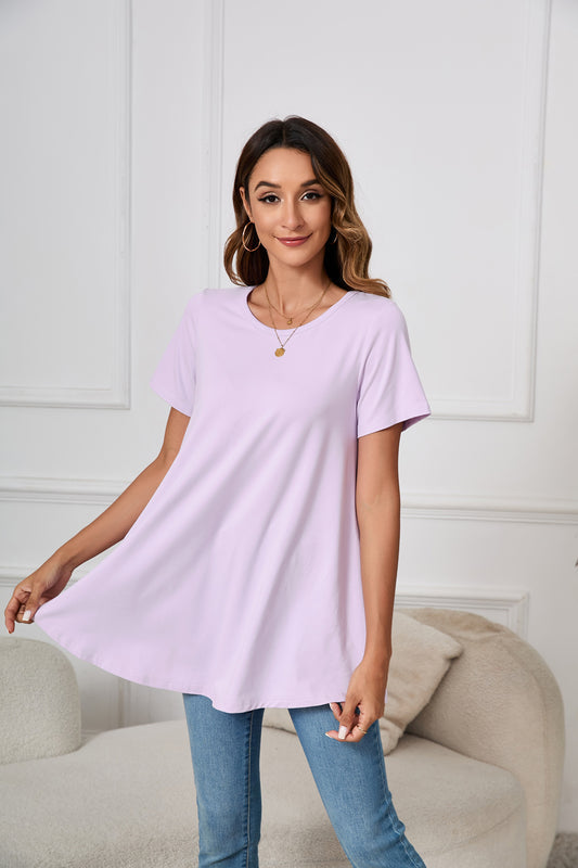 Lavender Purple Short Sleeve Swing Tunic Top – Women's Plus Size Crew Neck Flowy Blouse to Wear with Leggings (S–7XL) B3