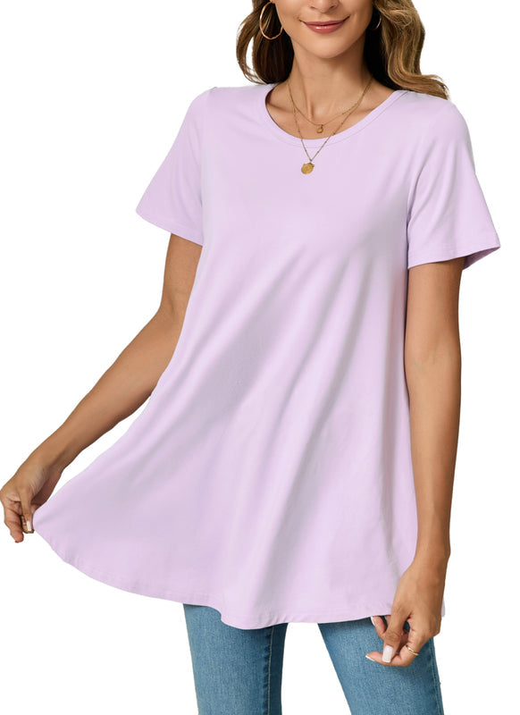 Lavender Purple Short Sleeve Swing Tunic Top – Women's Plus Size Crew Neck Flowy Blouse to Wear with Leggings (S–7XL) B3