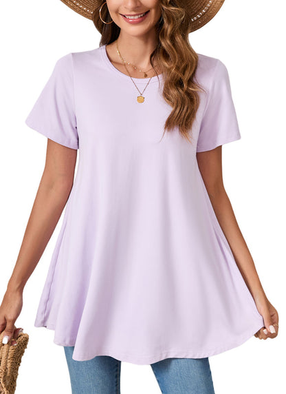 Lavender Purple Short Sleeve Swing Tunic Top – Women's Plus Size Crew Neck Flowy Blouse to Wear with Leggings (S–7XL) B3