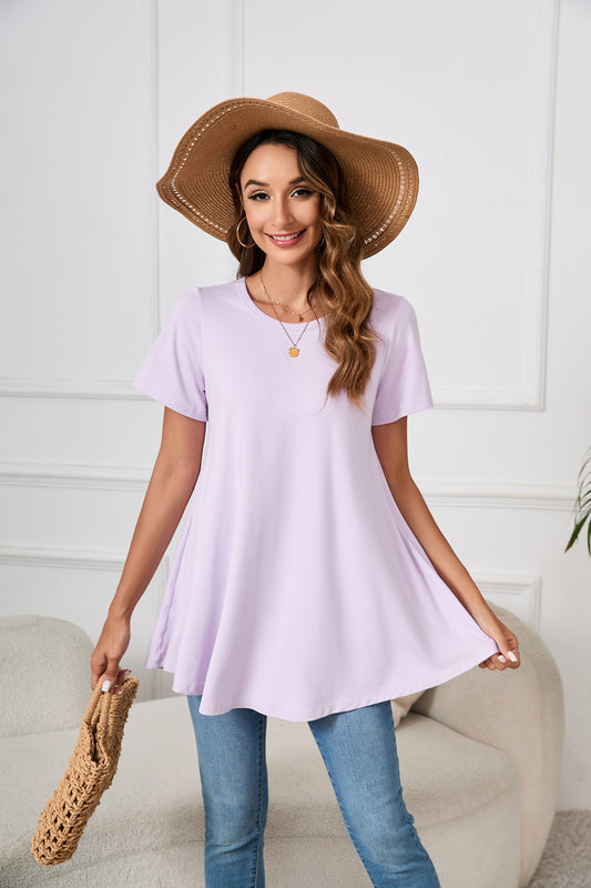 Lavender Purple Short Sleeve Swing Tunic Top – Women's Plus Size Crew Neck Flowy Blouse to Wear with Leggings (S–7XL) B3