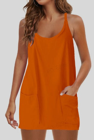 Women's Sleeveless Sports Romper Dress - Athletic V-Neck Spaghetti Strap Mini Sundress