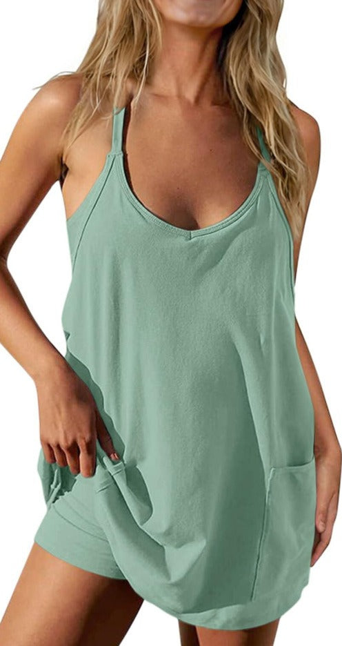 Women's Sleeveless Sports Romper Dress - Athletic V-Neck Spaghetti Strap Mini Sundress