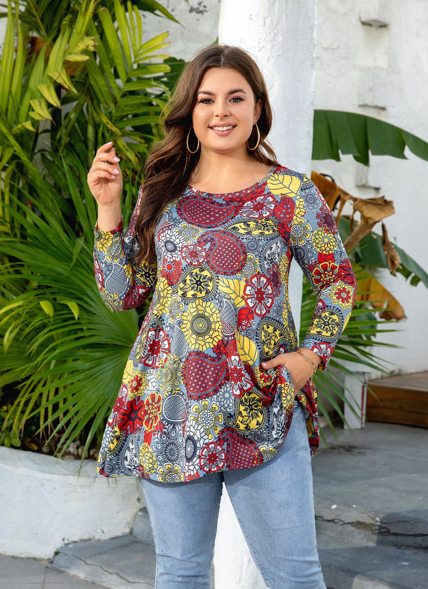 Womens Tunic Tops 3/4 Sleeve Plus Size Crew Neck Swing Flare Loose Fit T-Shirt Blouses to Wear with Leggings I