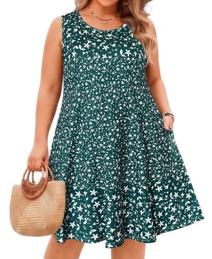 Women's Green Ditsy Floral Sleeveless Tank Dress with Pockets – Plus Size Casual Loose Fit N5