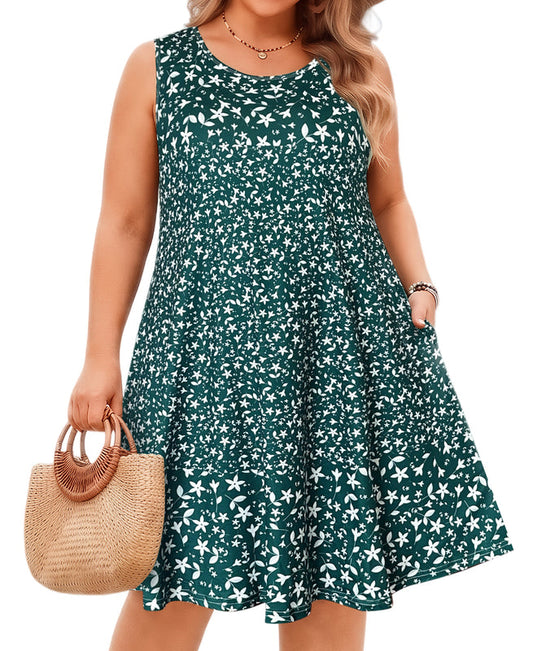 Women's Green Ditsy Floral Sleeveless Tank Dress with Pockets – Plus Size Casual Loose Fit N5