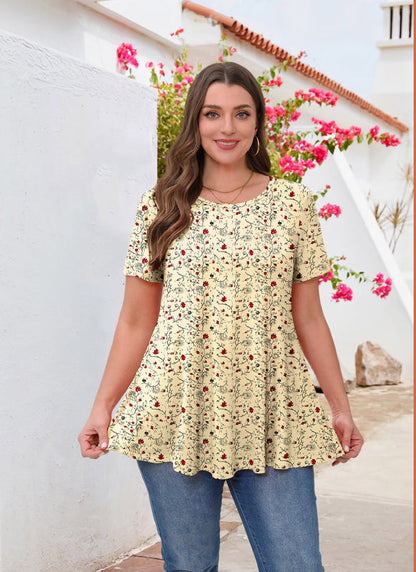 Women's Yellow Floral Swing Tunic Top – Short Sleeve, Plus Size B49