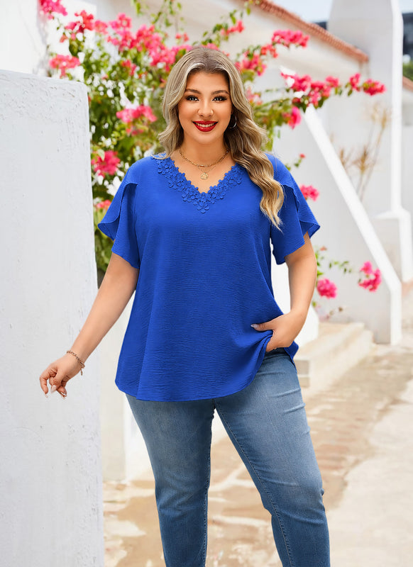 Women's Plus Size Floral Trim Tunic Top | V-Neck Short Sleeve Blouse – Royal Blue I6