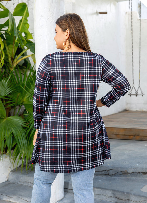 Women's Plus Size Plaid Tunic Top | 3/4 Sleeve Swing Blouse, Flowy Loose Fit, Wear with Leggings – Navy Plaid, XL A5 SATBC to 4XL